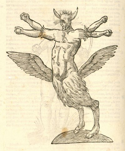 カザコバエから聞かれた人間のテトラキロン翼のあるモンスターのイラスト、モンスターの歴史、1642年 作： Italian School
