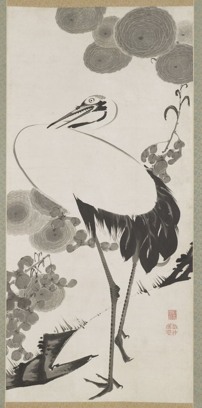 鶴、掛け軸、江戸時代（紙にインク） 作： Ito Jakuchu
