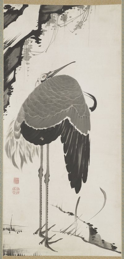 鶴、つる巻、江戸時代（紙にインク） 作： Ito Jakuchu
