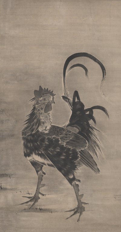 雄鶏、雌鶏、および雛、ペアの左、1795 作： Ito Jakuchu