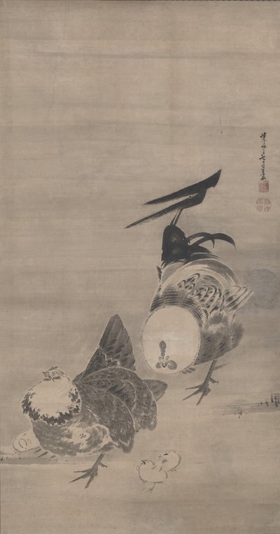 鶏、鶏、雛、ペアの右、1795 作： Ito Jakuchu