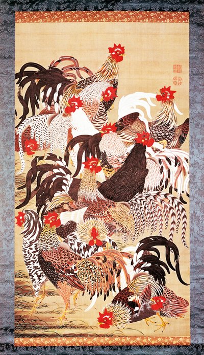 道色彩絵 十三羽のにわとり 江戸時代・宝暦7年(1757)頃-66年(1757-66) 絹本着色 作： 伊藤若chu