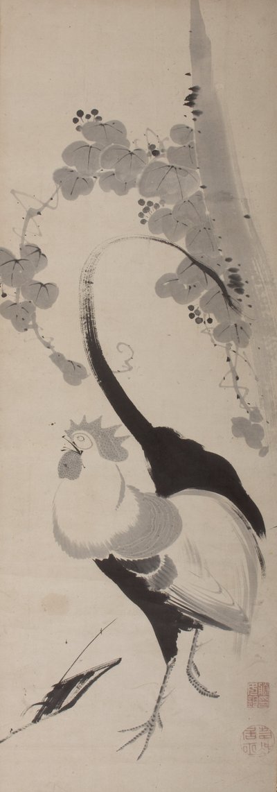 おんどりとぶどう、掛軸、江戸時代（紙に墨） 作： Ito attr. to Jakuchu
