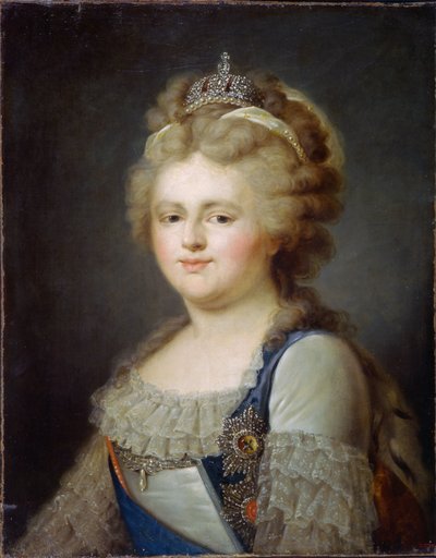 女帝マリー・フィオドロヴナの肖像 (旧姓ソフィー・ドロテ・ド・ヴュルテンベルク・モンベリアール) (1759-1828) (女帝マリア・フョードロヴナの肖像)。 Ivan Afanasievich Pustyin (1769 年 - 1812 年以降) による絵画、キャンバスに油彩、1796 年以降。 ロシア美術 作： Ivan Afanasievich Pustynin