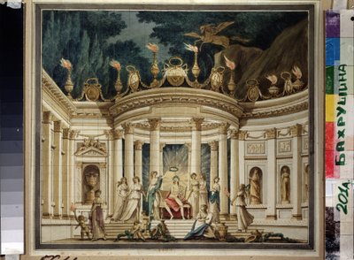 ル トリオンフ デ ミューズ。 アレクサンダー アリャビエフ (1787-1851) とアレクシス ヴェルストソフスキー (1799-1863) によるプロローグ ミュージカルのプロジェクト。 (ミューズの勝利。A.Alyabyev と A.Verstovsky による音楽プロローグのカーテン デザイン)。 インテリア・アンティクザント・アベック・アポロン、 作： Ivan Alekseevich Ivanov
