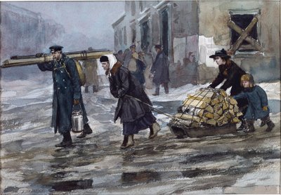 ウラジミロフ、イヴァン・アレクセイヴィッチ（1869-1947）による燃料を家に持ち帰るエンジニアの家族。 水彩, ガッシュ ・ 紙 作： Ivan Alexeyevich Vladimirov