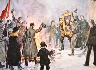 1917年のロシア革命中、ツァーリの肖像画を燃やそうとするボリシェヴィキの兵士たち（カラーリソ） 作： Ivan Alexeyevich Vladimirov