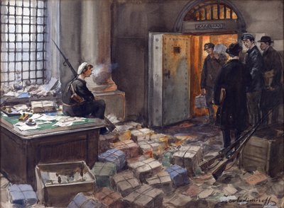 ウラジミロフ、イヴァン・アレクセイヴィッチ（1869-1947）によるペトログラードのヴァヴェルベルク銀行での債券没収。 水彩, ガッシュ ・ 紙 作： Ivan Alexeyevich Vladimirov