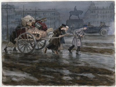 Famille demenageant ses Affairses dans une charrette a bras - カートで持ち物を移動する家族 (ロシア革命の一連の水彩画から) - ウラジミロフ、イワン アレクセイヴィッチ (1869-1947) - 1917-1918 - 紙に水彩 - 25,9x34,3 - 個人コレクション 作： Ivan Alexeyevich Vladimirov