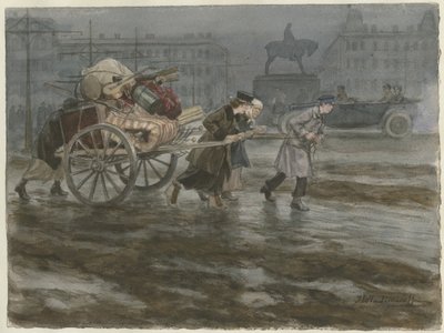 一連の水彩画のロシア革命からのカートに荷物を移動する家族 作： Ivan Alexeyevich Vladimirov