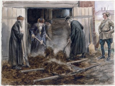 Le clerge russe pepperant le fumier - ロシアの聖職者が干し草をシャベルで切る: 1918 年 9 月 (一連の水彩画のロシア革命から) - Vladimirov, Ivan Alexeyevich (1869-1947) - 1918 - 紙に水彩 - 25,8x34,3 - 個人蔵 作： Ivan Alexeyevich Vladimirov