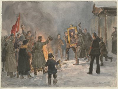 1917年のロシア革命水彩画シリーズの絵画を燃やす兵士 作： Ivan Alexeyevich Vladimirov