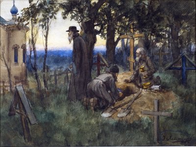 ウラジミロフ、イヴァン・アレクセイヴィッチ（1869-1947）による墓地の新しい墓に教会の宝物を隠している聖職者。 水彩, ガッシュ ・ 紙 作： Ivan Alexeyevich Vladimirov