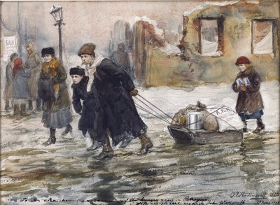 ウラジミロフ、イヴァン・アレクセイヴィッチ（1869-1947）によるそりで食べ物を運ぶ。 水彩, ガッシュ ・ 紙 作： Ivan Alexeyevich Vladimirov