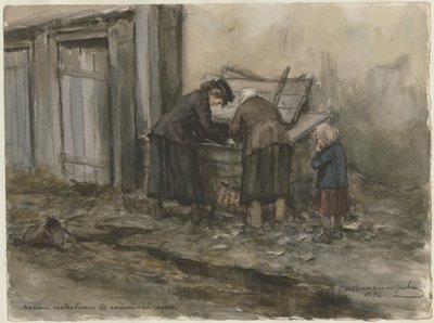 水彩画のロシア革命のシリーズからゴミ箱を探している2人の女性と子供 作： Ivan Alexeyevich Vladimirov