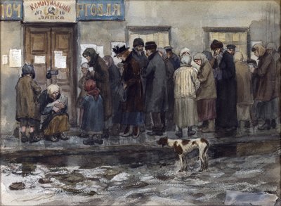 8 分の 1 ポンドのパンを受け取るのを待っているウラジミロフ、イワン アレクセイヴィッチ (1869-1947)。 水彩, ガッシュ ・ 紙 作： Ivan Alexeyevich Vladimirov