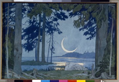 イルメン湖の月明かり。 Nicholas (Nikolai) Rimsky Korsakov (Rimsky-Korsakov) (1844-1908) (Ilmen 湖の夜) によるオペラ Sadko のセット。N. Rimsky-Korsakov (Rimsky Korsakov) によるオペラ Sadko の舞台デザイン。ビリビ 作： Ivan Yakovlevich Bilibin