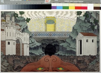 ルテブフ（1230-1285）による戯曲「テオフィルの奇跡」の下絵（ルテブフの戯曲「テオフィルの奇跡」の舞台美術）。 Ivan Yakolevich Bilibin (ビリビン) (1876-1942) による絵画。 紙に水彩、インク、39.5 x 64 cm 作： Ivan Yakovlevich Bilibin