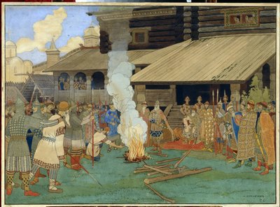 キエフ大公国における正義の管理。 公の広場で、賢者 (978-1054) として知られる王子ヤロスラフ ウラジミロヴィチの時代、試練の場面、神の裁き、被告人がひざまずく 作： Ivan Yakovlevich Bilibin