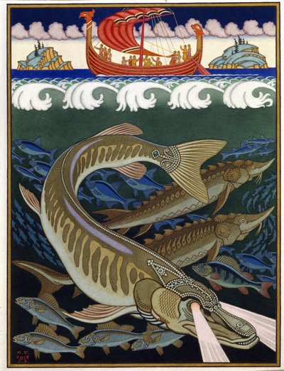 海の帝国（Sea Empire）。 ロシアの伝統的な物語。 Ivan Yakovlevich Bilibin (Bilibin) (1876-1942) の作品、紙に水彩、グワッシュ 作： Ivan Yakovlevich Bilibin
