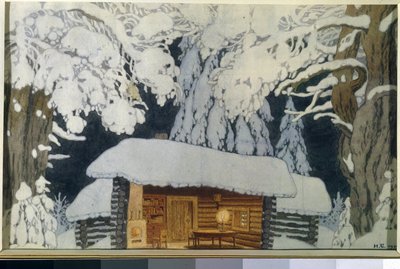 雪に覆われた森の木造住宅。 劇中のデコ「スヴォーロフ司令官」。 Ivan Yakovlevich Bilibin (Bilibin) (1876-1942) の作品、紙に水彩、グワッシュ 作： Ivan Yakovlevich Bilibin