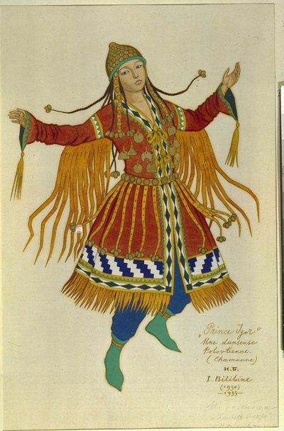 Polovtsian (または Couman、Kuman) のシャーマン ダンサー。 アレクサンドル・ボロディン (ボロディン) (1833-1887) によるオペラ「イゴール王子」の衣装。 Ivan Yakovlevich Bilibin (Bilibin) (1876-1942) の作品、紙に水彩 作： Ivan Yakovlevich Bilibin