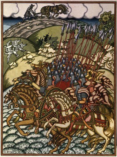 Volga Sviatoslavich (Vseslav de Polotsk (vers 1039-1101)、Grand Prince de Kiev de 1068 a 1069) et Mikula Selyaninovich (?)。 Oeuvre de Ivan Yakovlevich Bilibin (Bilibine) (1876-1942)、リトグラフ 作： Ivan Yakovlevich Bilibin