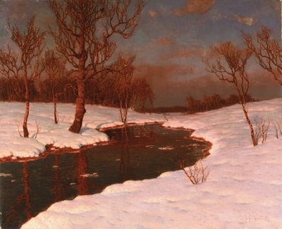 雪に覆われた川の風景に沈む夕日 作： Ivan Fedorovich Choultse