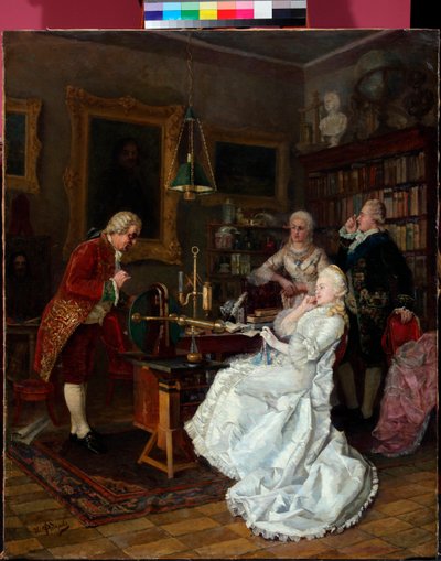 ロシアの女帝エカテリーナ 2 世 (1729-1796) がミハイル ロモノソフ (1711-1765) を訪問 (女帝エカテリーナが M.ロモノソフを訪問) 作： Ivan Feodorov
