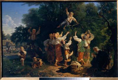 ウクライナの所有者の果樹園でサクランボを摘みます。 Ivan Ivanovich Sokolov（1823-1918）による絵画、キャンバスに油彩 作： Ivan Ivanovich Sokolov