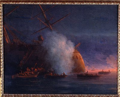 1877 年から 1878 年の露土戦争: 1877 年 8 月 12 日、黒海でのトルコの蒸気戦艦 Assari Shevket に対するロシアの帆船の攻撃 (トルコの蒸気戦艦 Assari Shevket に対するロシアのカッターの攻撃8月12日に黒海で 作： Ivan Konstantinovich Aivazovsky