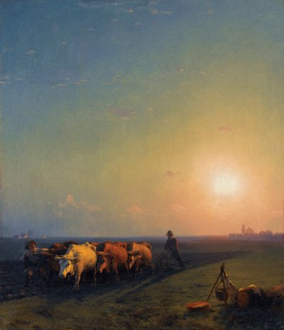 "Le labour dans les champs, Crimee" (畑を耕す、クリミア) Peinture d