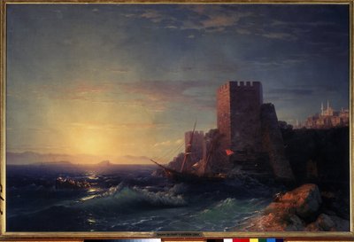 ボスポラス海峡近くの岩の上の塔 (イスタンブールのルメリ ヒサリ要塞からの眺め) (ボスポラス海峡近くの岩の上の塔)。 Ivan Konstantinovich Aivazosky (Ayvaovsky) による絵画 作： Ivan Konstantinovich Aivazovsky