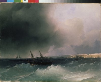 海 (ウクライナ) からオデッサのビュー。 Ivan Konstantinovich Aivazovsky (1817-1900) による絵画。 キャンバスに油彩、45 x 58 cm 作： Ivan Konstantinovich Aivazovsky