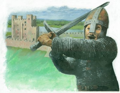 1990 年代の両手ブロードソードである「hand-and-alf」で攻撃するノーマンの兵士 作： Ivan Lapper