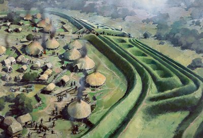 鉄器時代のオールド オスウェストリー ヒル フォートの入り口の空撮、1970～2010 年頃 作： Ivan Lapper
