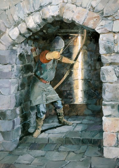 ビーストン城、チェシャーで矢のスリットから発砲する中世の射手 作： Ivan Lapper