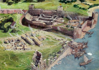 1070年代または1080年代、ホワイト・タワーが建設された初期段階のロンドン塔を南西から見た復元図。 作： イヴァン・ラッパー