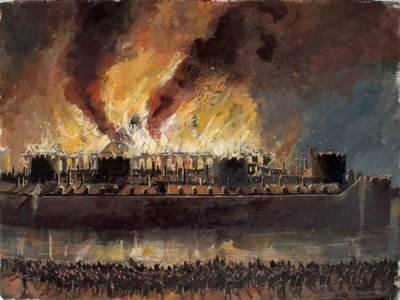 1841年、大倉が炎上するロンドン塔の復元図 作： イヴァン・ラッパー