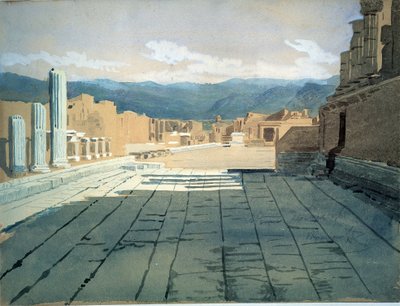 ポンペイ（イタリア）（Pompei）。ヴェスヴィオ山を前にしたナポリ湾のローマ遺跡のフォーラムの風景。イワン・ニコラエヴィチ・クラムスコイ（1837-1887）の作品、紙に水彩画 作： Ivan Nikolaevich Kramskoy