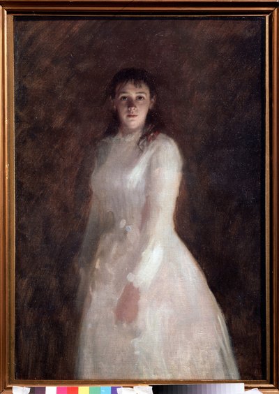 お嬢様の肖像（お嬢様の肖像）。 （長い白いドレスを着ています）。 Ivan Nikolayevich Kramskoi (1837-1887) の絵画、キャンバスに油彩。 ロシア美術 作： Ivan Nikolaevich Kramskoy