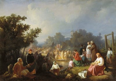 田舎の村での水の祝福」、1858。 作： Ivan Petrovich Trutnew
