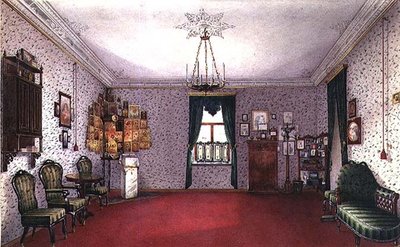 アイコンコーナーのあるロシアのリビングルーム（水彩画） 作： Ivan Petrovich Volski