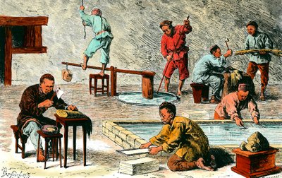 中国での製紙: 樹皮からの紙シートの生産のさまざまな段階. Ivan Pranishnikoff (1841-1909) によるデッサン。 19世紀 個人蔵 作： Ivan Pranishnikoff