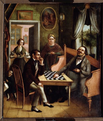 「「レディースプレーヤー」「ロシアのブルジョアグループ」。 Ivan Stepanovich Doshchennikovによる絵画（1812-1893）1840-1850州アートギャラリー、パーマ、ロシア 作： Ivan Stepanovich Doshchennikov