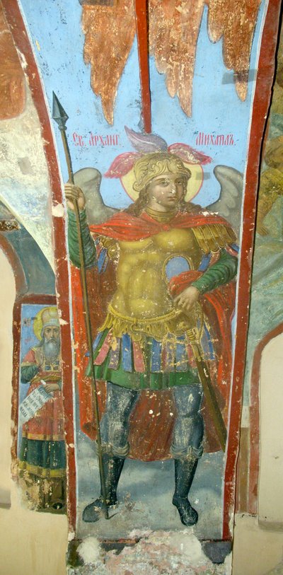 大天使聖ミカエル - Ivan Yakovlevich Bakhmatov によるフレスコ画 (18 世紀初頭に活躍)、ノヴゴロド (ロシア) のサインの聖母大聖堂のフレスコ画 - (大天使聖ミカエル、Ivan Yakovlevich Bakhmatov によるフレスコ画、私たちの大聖堂でレディ 作： Ivan Yakovlevich Bakhmatov