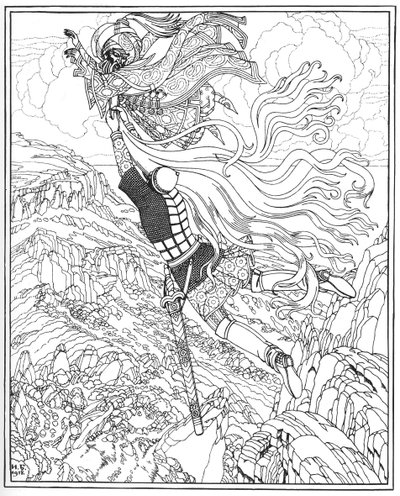 チェルノモールとラスランの飛行。プーシキンによる詩、ルスランとリュドミラへの挿絵、1918年 作： Ivan Yakovlevich Bilibin