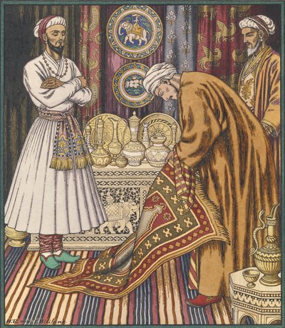 カーペットを買うアリ王子。アラビアのおとぎ話のイラスト 作： Ivan Yakovlevich Bilibin