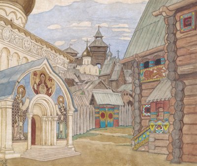 ロシアの村。オペラの舞台デザインN・リムスキー＝コルサコフ作「サルタンの物語」 作： Ivan Yakovlevich Bilibin