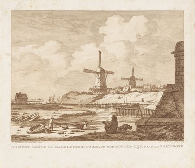 着席製図工と一緒にアムステルダムのハールレンマーポートの外を見る Haarlemmer-Poort の外、Hoogen Dijk から Zandhoek に向かって見る (オブジェクトのタイトル) 作： Izaak Jansz. de Wit